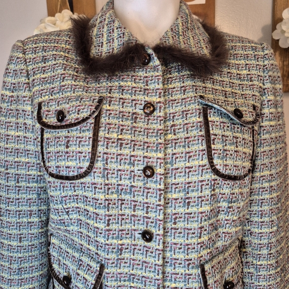 Tape Measure Faux Fur Collar Tweed Jacket - Picture 2 of 8